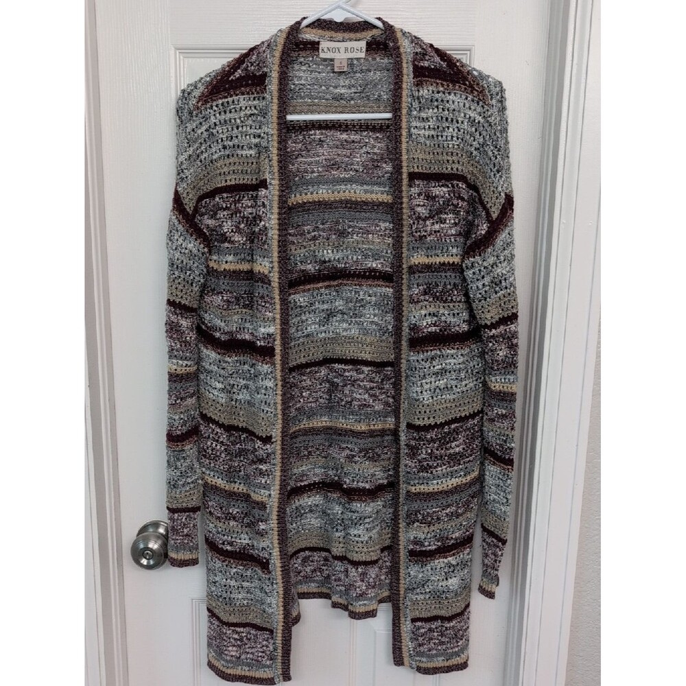 Knox Rose Open-Front Striped Cardigan - Gray, Brown, Cream